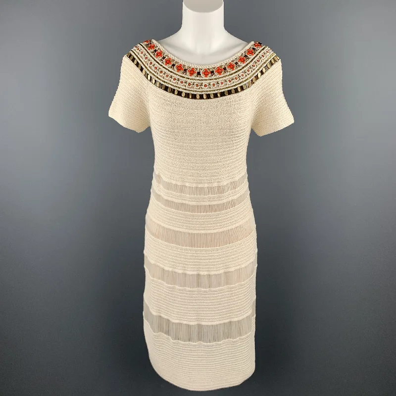 ESCADA Size 8 Beige Silk Knit Beaded Neckline Boat Neck Dress Women's unclassified dresses