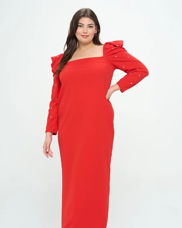 Evangeline Rhinestone Sleeve Dress | Coral Red Bold pattern unclassified dresses