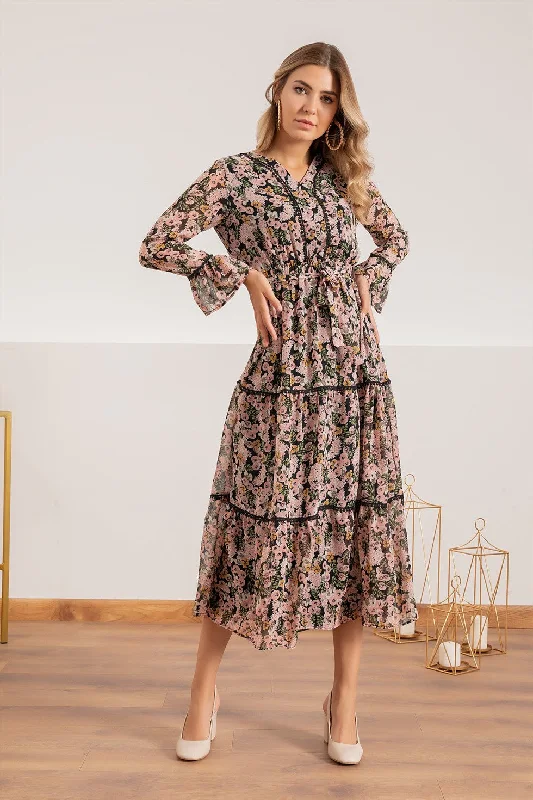 Floral Chiffon Dress With Shirring - Pink Sexy floral print dresses