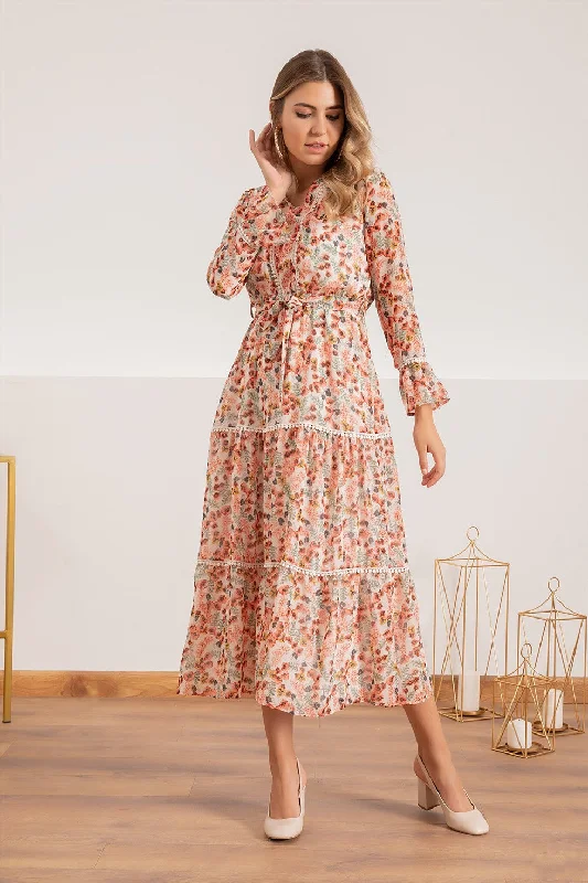 Floral Chiffon Dress With Shirring - Salmon Versatile floral dresses for all occasions