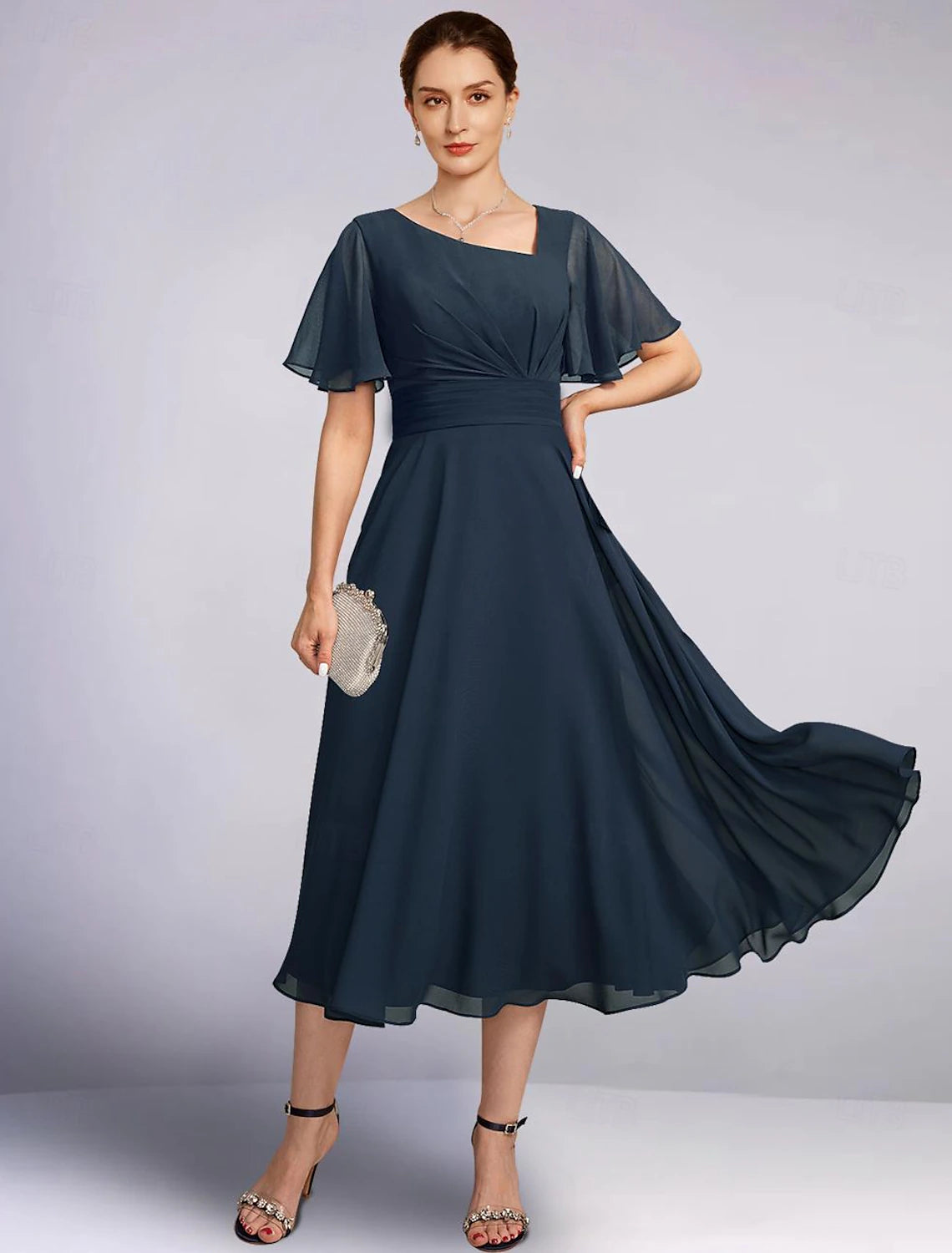 Formal Elegant V Neck Tea Length Chiffon 3/4 Length Sleeve with Solid Color Mother of the Bride Dress Luxury unclassified dresses