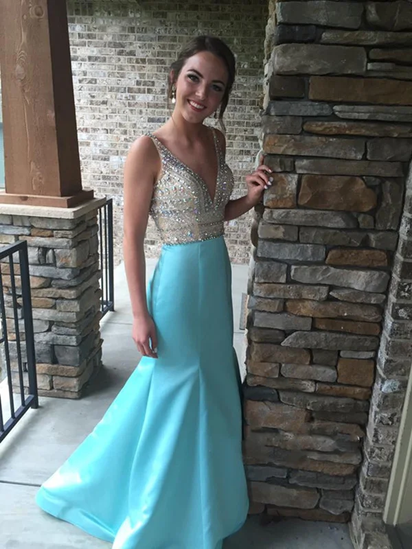 Gorgeous Light Blue Mermaid V Neck Backless Prom Dresses, V Neck Backless Evening Dresses With Beading Floral unclassified dresses