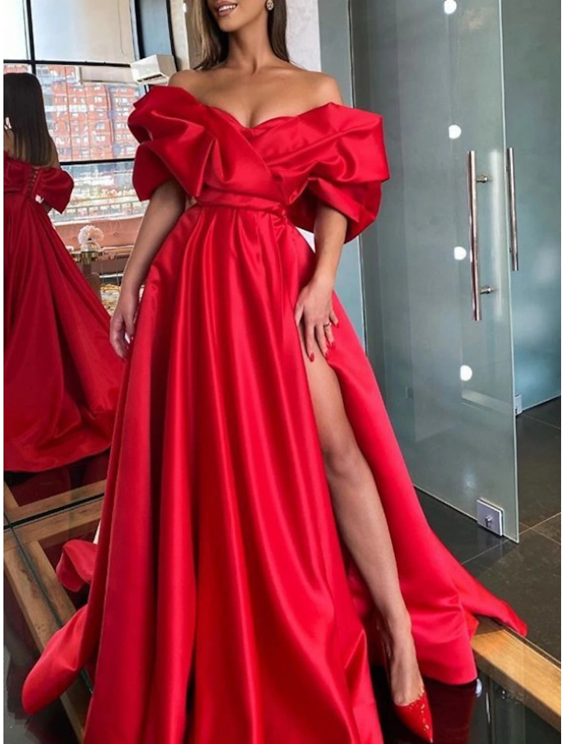 Gown Dress Tie Gala Sweep / Brush Train Half Sleeve Off Shoulder Satin with Ruched Slit Evening Dress Bodycon unclassified dresses