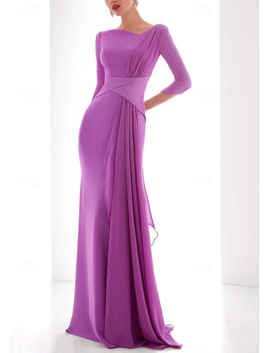 Gown Elegant Formal Fall Floor Length 3/4 Length Sleeve V Neck Chiffon with Ruched Ruffles Evening Dress Best-selling unclassified dresses