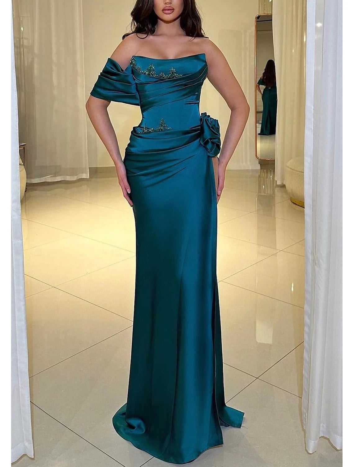 Gown Elegant Formal Floor Length Sleeveless Strapless Satin with Rhinestone Slit Evening  Dress Bodycon unclassified dresses