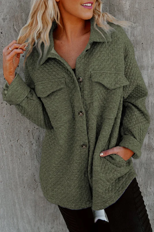 Green Retro Quilted Flap Pocket Button Shacket Beach unclassified dresses