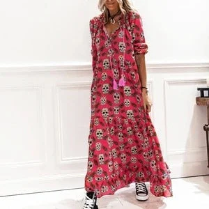 Skull Print Long-sleeved Big flowing Dress *3 Colors Satin floral dresses