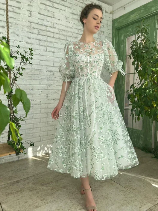 Illusion Puff Sleeves Mint Prom Dresses, Tea Length Prom Dresses, 2022 Prom Dresses, Newest Prom Dresses, Affordable Prom Dresses Embroidered unclassified dresses