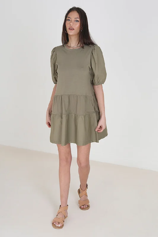 KHAKI CREW NECK PUFF SLEEVE SMOCK DRESS Formal unclassified dresses