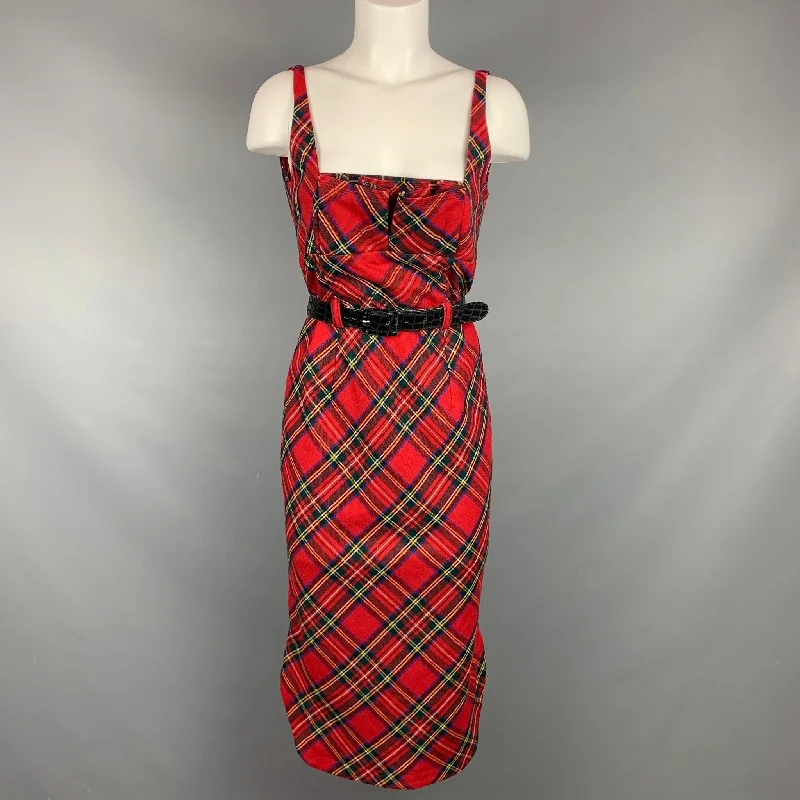 LAMB Size 10 Red Wool Plaid Faux Patent Leather Belted Dress Designer unclassified dresses