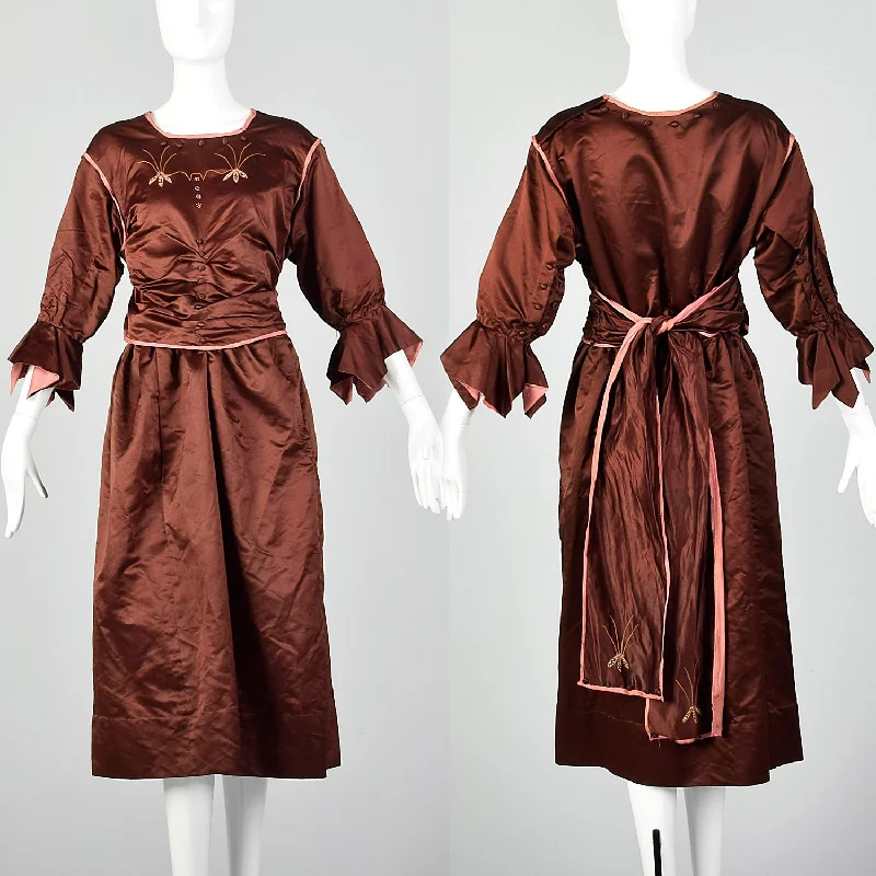 Large 1910s Brown Silk Day Dress Women's unclassified dresses