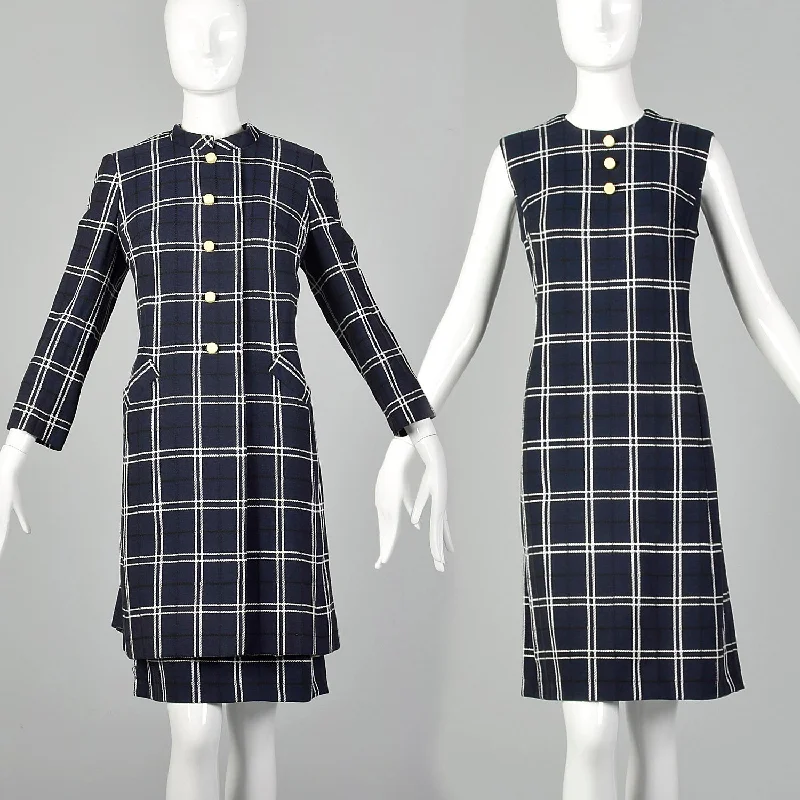 Large 1960s Navy Plaid Dress and Jacket Set Chiffon unclassified dresses