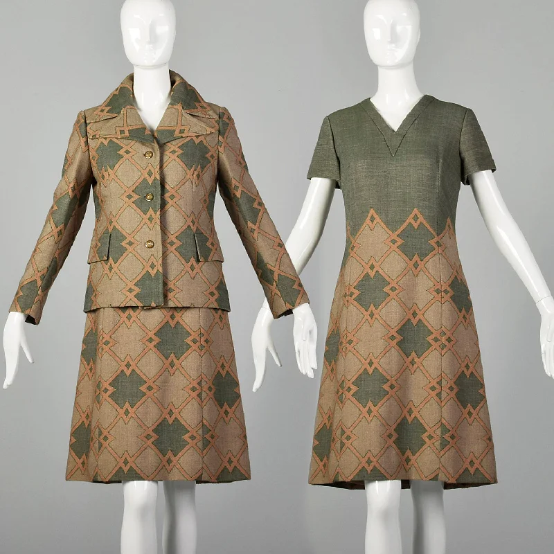 Large 1970s Green Geometric Italian Couture Dress Jacket Set Everyday wear unclassified dresses