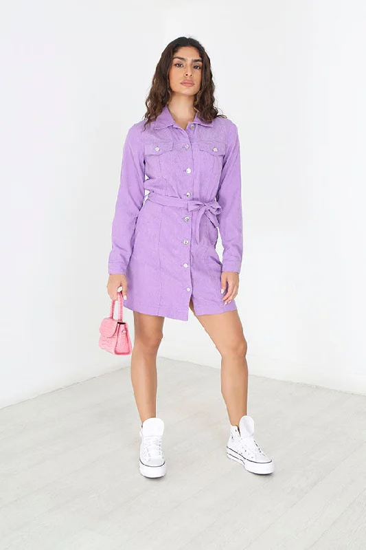 LILAC BUTTON THROUGH BELTED CORDUROY DRESS Budget-friendly unclassified dresses