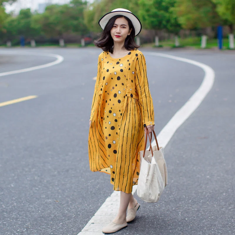 Yellow LinenWomen Dresses Summer Women DressesGJ961701 Spring unclassified dresses