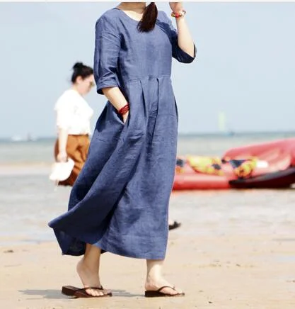 Linen Women Dresses 3/4 Sleeves O Neck Dresses Spring Summer Women Dresses XH9659 Office unclassified dresses