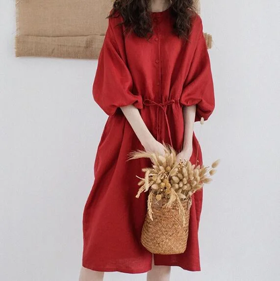 Red Linen Women Dresses 3/4 Sleeves O Neck Dresses Spring Summer Women Dresses XH9659 Women's unclassified dresses