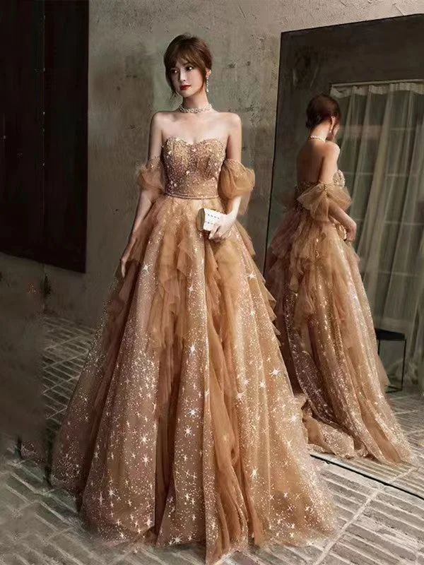 Lovely Dark Champagne Star Gliter Prom Dresses, Newest Prom Dresses, A-line Prom Dresses Velvet unclassified dresses