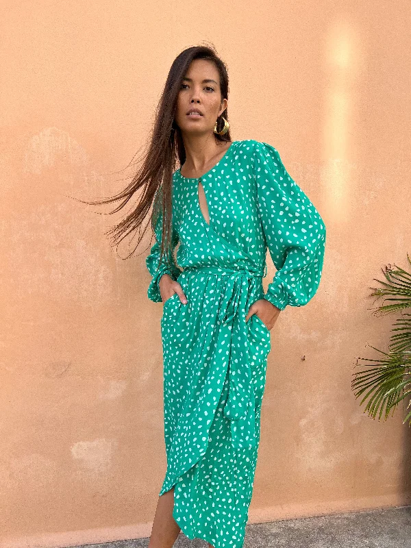 Mabel Midaxi Mock Wrap Dress in Odd Dot White on Sea Green Mesh unclassified dresses