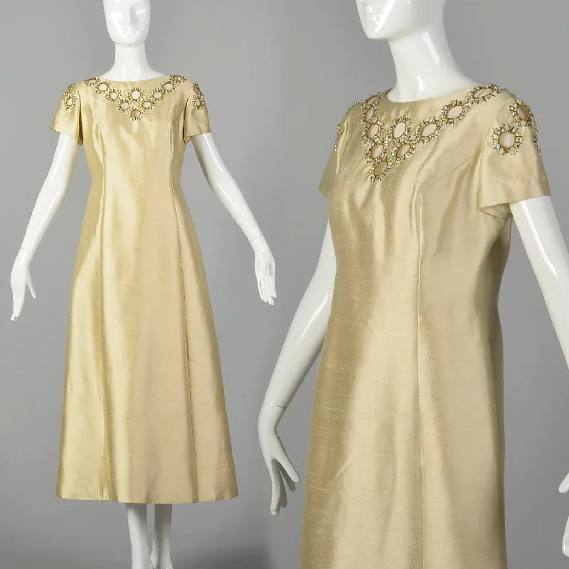 Medium 1960s Beaded Ivory Gold Shift Dress Minimalist unclassified dresses