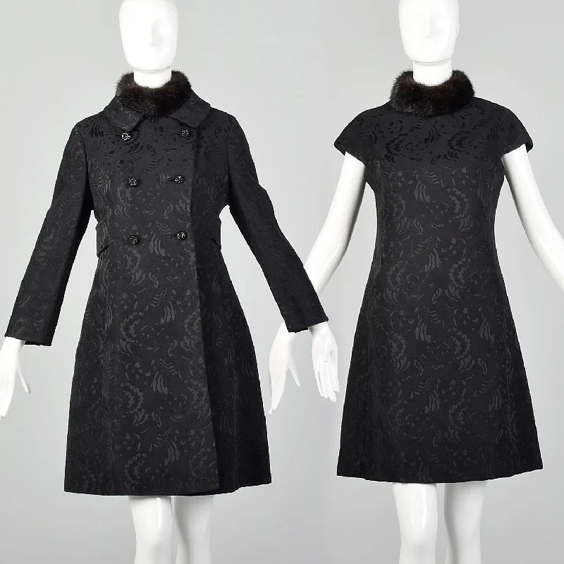 Medium 1960s Black Wool Brocade Coat and Dress Set Discounted unclassified dresses