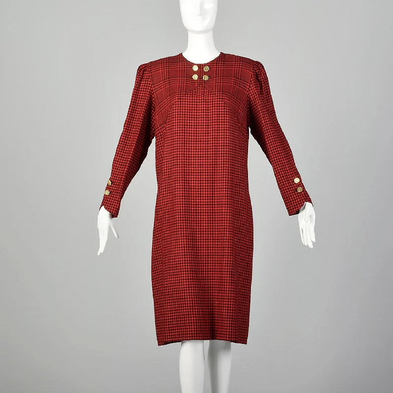 Medium-Large Adele Simpson Red Plaid 1980s Dress Ruched unclassified dresses