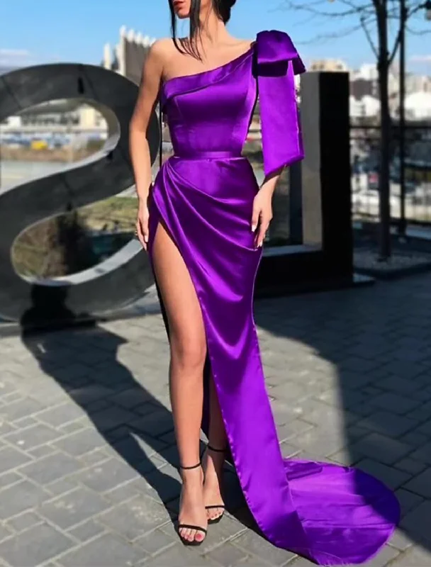 Mermaid / Trumpet Evening Gown High Split Dress Formal Prom Sweep / Brush Train Sleeveless One Shoulder Satin with Bow(s) Slit Trendy unclassified dresses