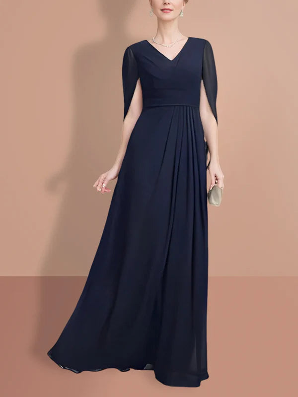 Mother Of The Bride Dresses A-Line Half Sleeves V Neck Chiffon Dress Denim unclassified dresses