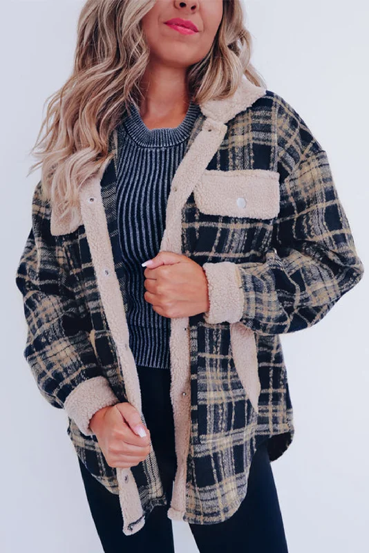 Multicolor Plaid Contrast Sherpa Flap Pocket Snap Button Shacket Date night unclassified dresses