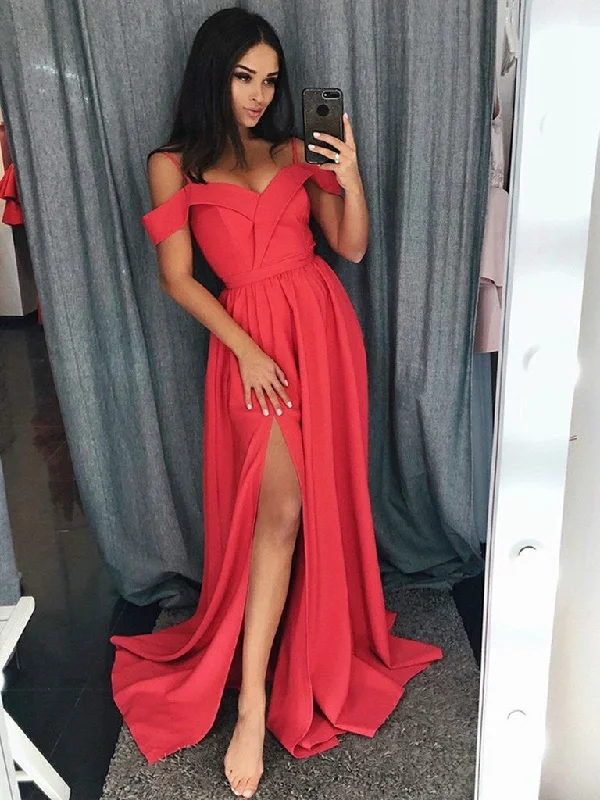 Off Shoulder Red/Blue Prom Dresses with Slit, Off Shoulder Red/Blue Graduation Dresses, Formal Dresses Backless unclassified dresses