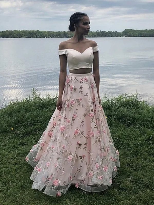 Off Shoulder Two Pieces Floor Length Appliques Pink Prom Dresses, Off Shoulder Pink Formal Dresses, Pink Evening Dresses Spring unclassified dresses