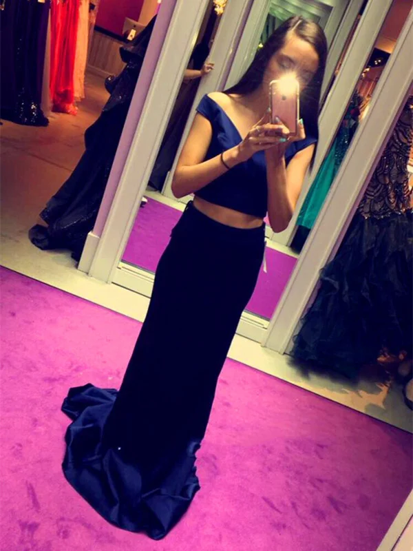 Off Shoulder Two Pieces Navy Blue Prom Dresses, Navy Blue Formal Dresses, Evening Dresses Sleeveless unclassified dresses