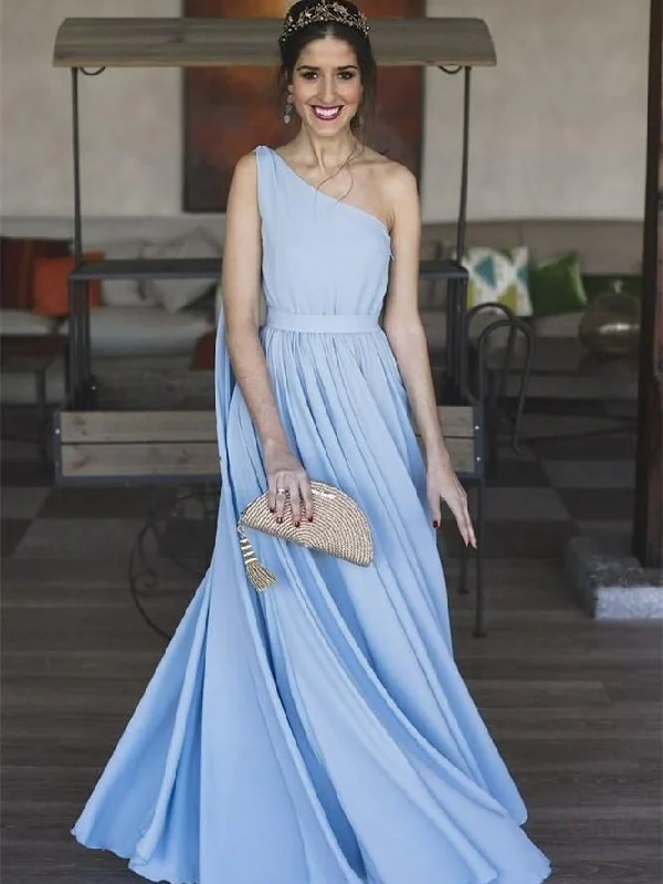 One Shoulder Pale Blue Chiffon Prom Dresses, A-line Prom Dresses, Simple Prom Dresses, Popular Prom Dresses Ruffled unclassified dresses