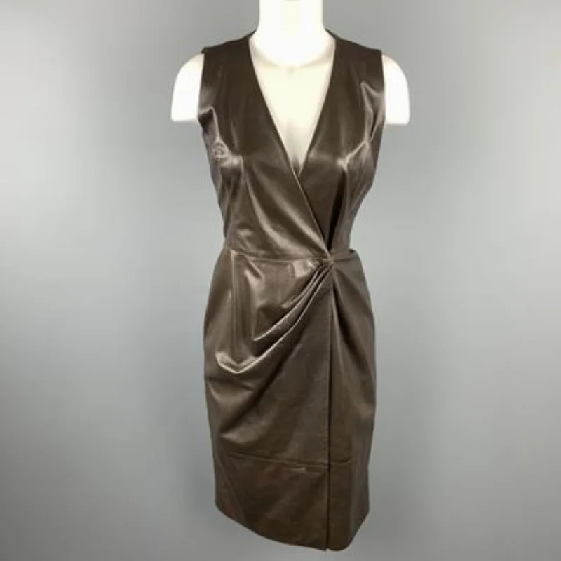 OSCAR DE LA RENTA Size 4 Brown Leather Draped Sleeveless Wrap Dress Denim unclassified dresses