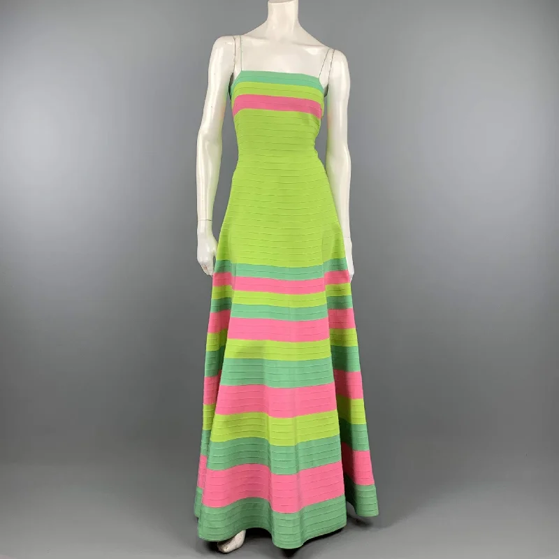 OSCAR DE LA RENTA Size 8 Green Turquoise & Pink Grosgrain Striped Gown Denim unclassified dresses