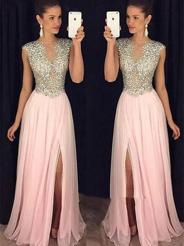 Pink Round Neck Sleeveless Chiffon Prom Dress, Pink Formal Dress, Pink Graduation Dress Sexy unclassified dresses