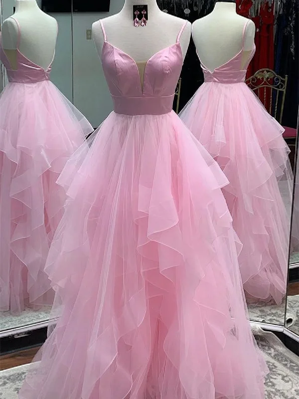 Princess V Neck Backless Pink Prom Dresses, Backless Pink Formal Dresses, Fluffy Pink Evening Dresses, Pink Ball Gown Stylish unclassified dresses