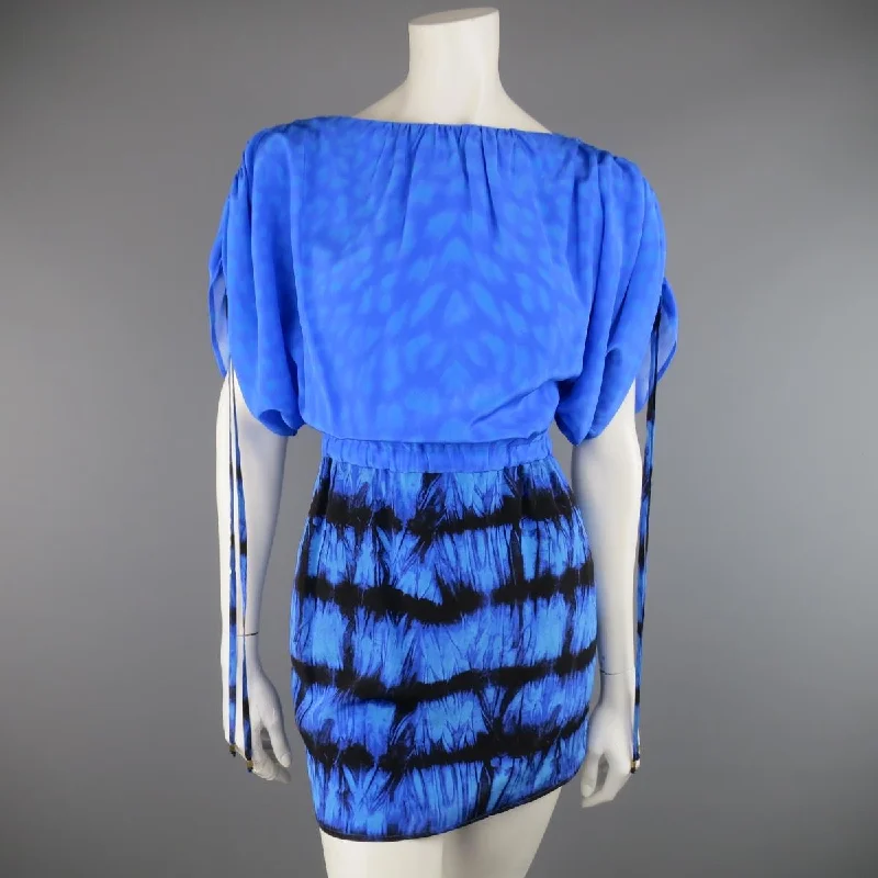 ROBERTO CAVALLI 4 Blue & Black Cheetah & Tie Dye Silk DRawstring Sleeve Dress Tulle unclassified dresses