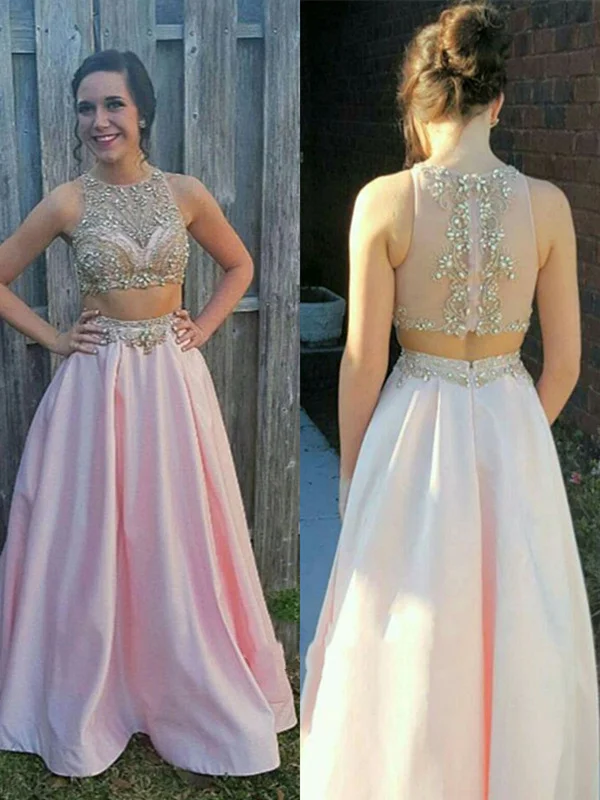 Round Neck Two Pieces Pink Prom Dresses With Beading, Pink Evening Dresses With Beading Lounge unclassified dresses