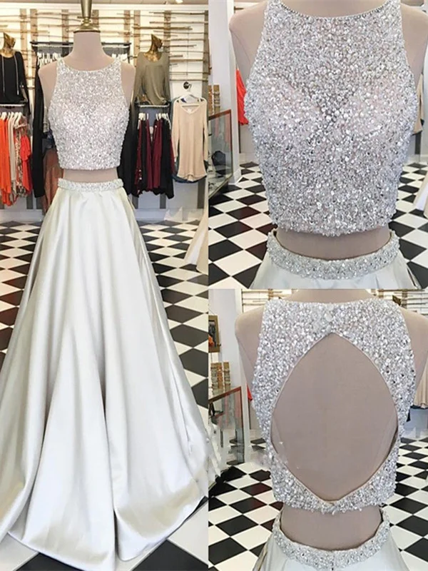 Round Neck Two Pieces Beaded Top Satin Ivory Prom Dresses, Ivory Formal Dresses Comfortable unclassified dresses