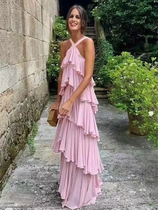 Ruffled Pink Cake Dresses, A-line Chiffon Prom Dresses, Beachy Prom Dresses, Newest Prom Dresses Sleeveless unclassified dresses