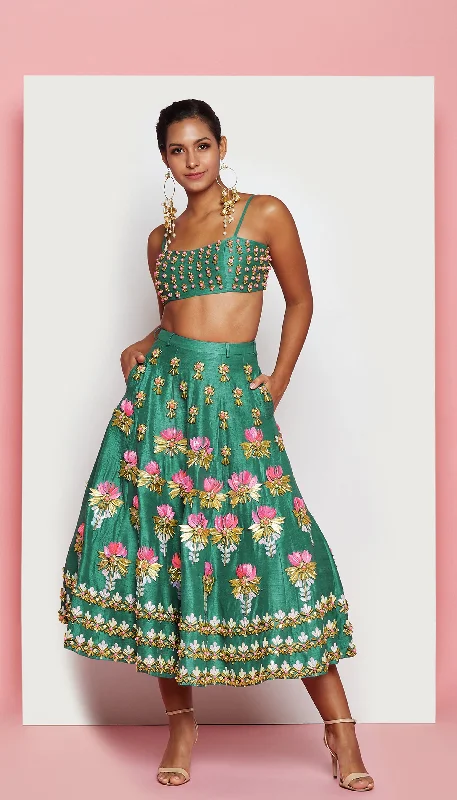 SACRED LOTUS - DARK GREEN EMBELLISHED HALF LEHENGA SET Elegant unclassified dresses