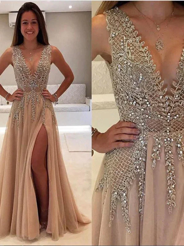 Sexy A Line V Neck Rhinestone Prom Dresses with Slit, Rhinestone Graduation Dresses Spring unclassified dresses