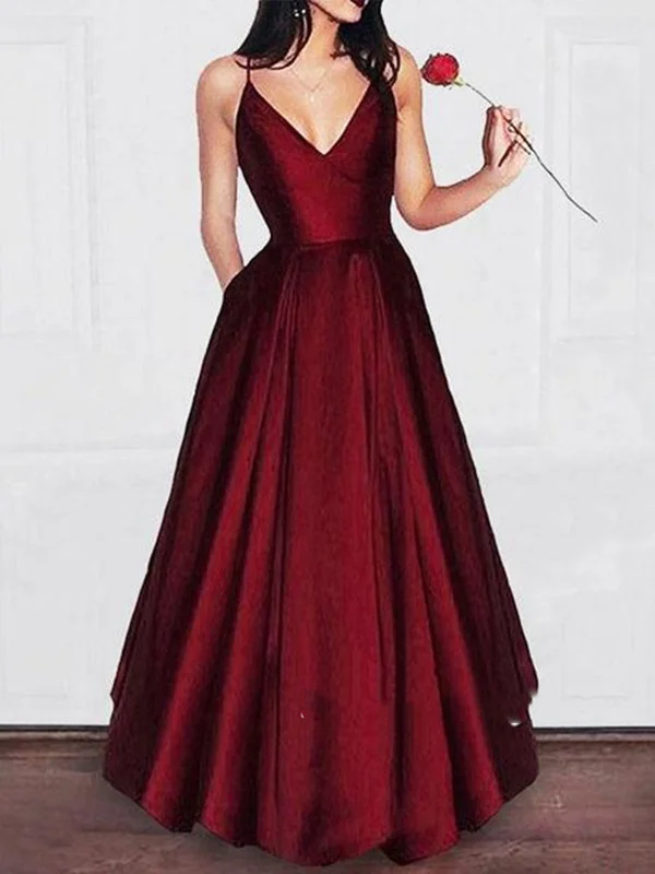 Sexy A Line V Neck Burgundy Prom Dress with Spaghetti Straps, V Neck Burgundy Graduation Dress, Formal Dress Office unclassified dresses