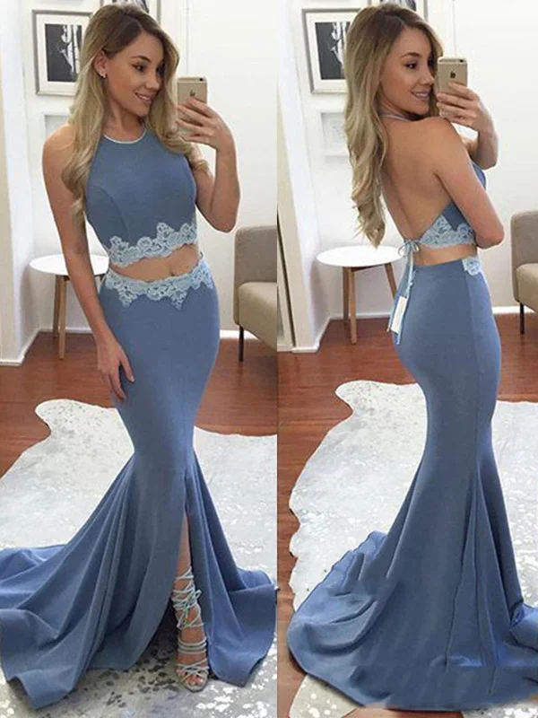 Sexy Halter Two Pieces Mermaid Appliques Backless Prom Dresses, Formal Dresses Luxury unclassified dresses