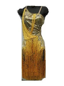 Shayla -- Women's Rhythm Latin Dress -- Gold Stretch with Yellow Fringes and a Mix of Glass Crystals and AB Swarovski Rhinestones Neutral tone unclassified dresses