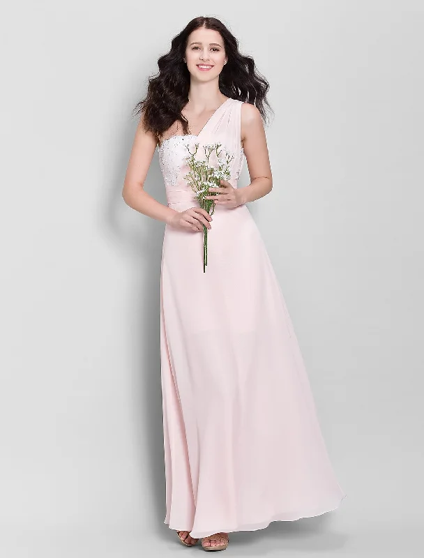 Sheath / Column Bridesmaid Dress One Shoulder Sleeveless Elegant Ankle Length Chiffon with Beading Mesh unclassified dresses