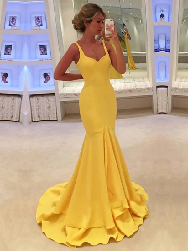 Silk Like Satin Trumpet/Mermaid Sweep Train With Ruffles Yellow Prom Dresses, Yellow Formal Dress Casual unclassified dresses