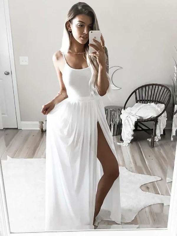 Simple Spaghetti Strap Square Neck White Prom Dresses with Side Slit, White Evening Dresses, White Formal Dresses Affordable unclassified dresses