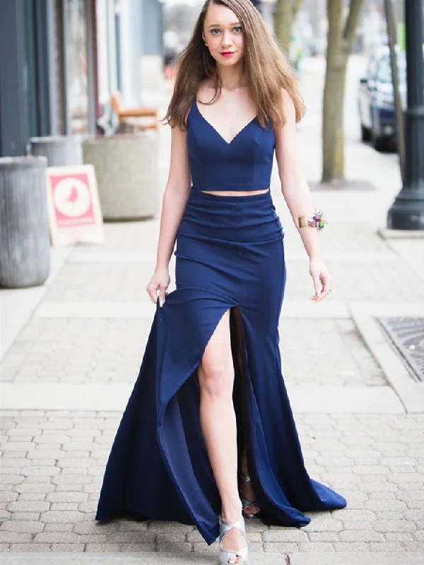 Simple V Neck Two Pieces Blue Prom Dresses with High Slit, Two Pieces Blue Formal Dresses, Evening Dresses Summer unclassified dresses